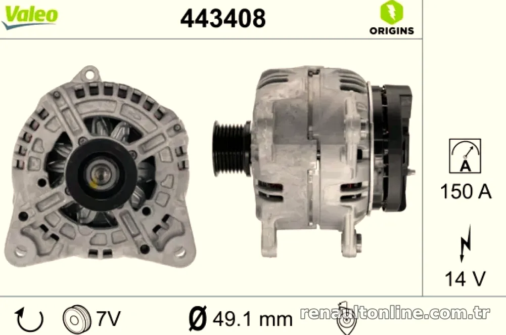 ALTERNATOR 12V 150A GRAND SCENIC 1.9 DCI 06>18 MEGANE 1.9 DCI 06>18 (BOSCH TIP) - Valeo - VALEO 443408