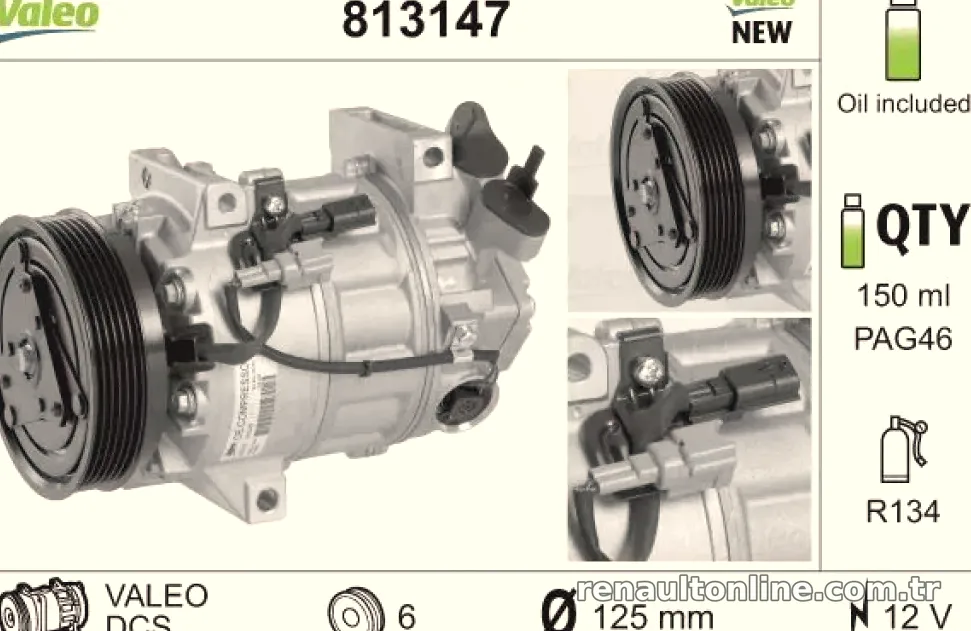 KLIMA KOMPRESORU LAGUNA III 1,6DCI / 1,6 16V 10 / 07> (K4M) - Valeo - VALEO 813147